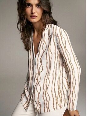 Tahari Cream Button-Down Blouse with Gold Chain-Print - Size L - NWT